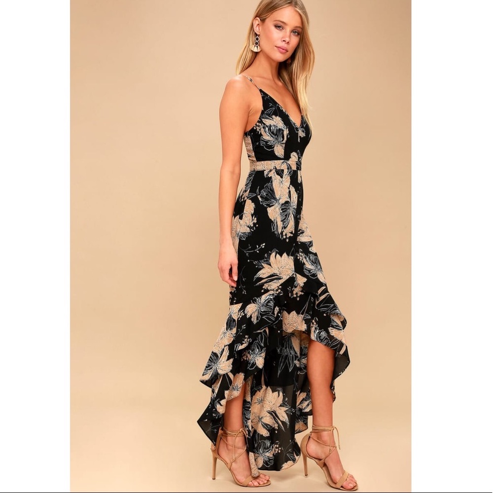 Daylily Black Floral Print High-Low Maxi Dress